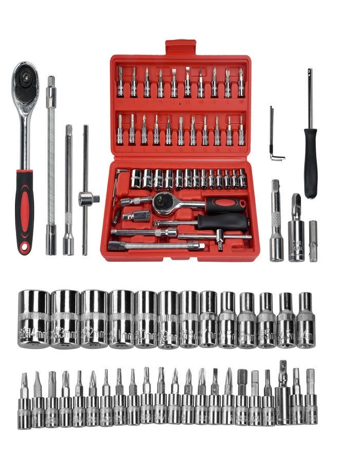 ENON Hand Tool Kit (46 Pcs) Household, 1/4 Drive Socket, Screwdriver Wrench Set For Bike,Car Repairs & More, Spanner & Socket Set, All Size Tool Kit Goti Pana Set|Perfect For Diy Enthusiasts, Red - Image 1